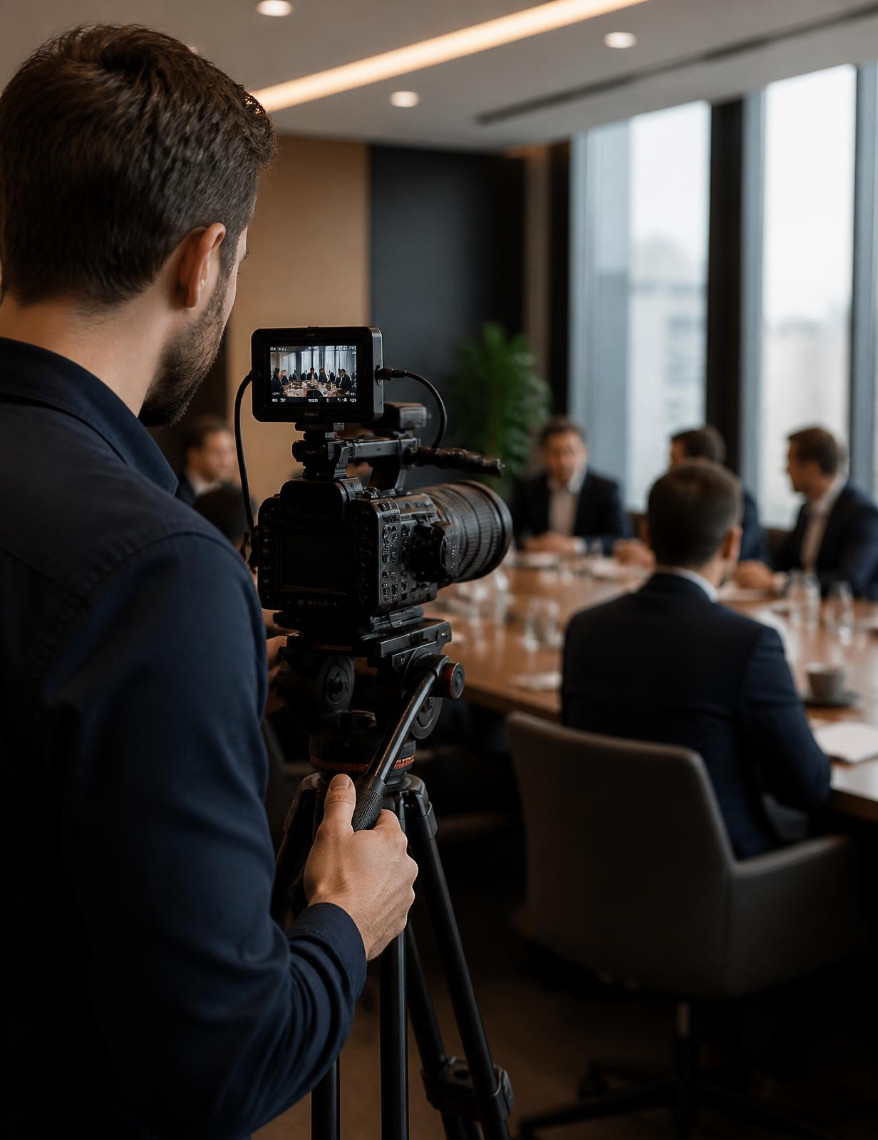 Videomaker profissional filmando reunião corporativa em ambiente empresarial