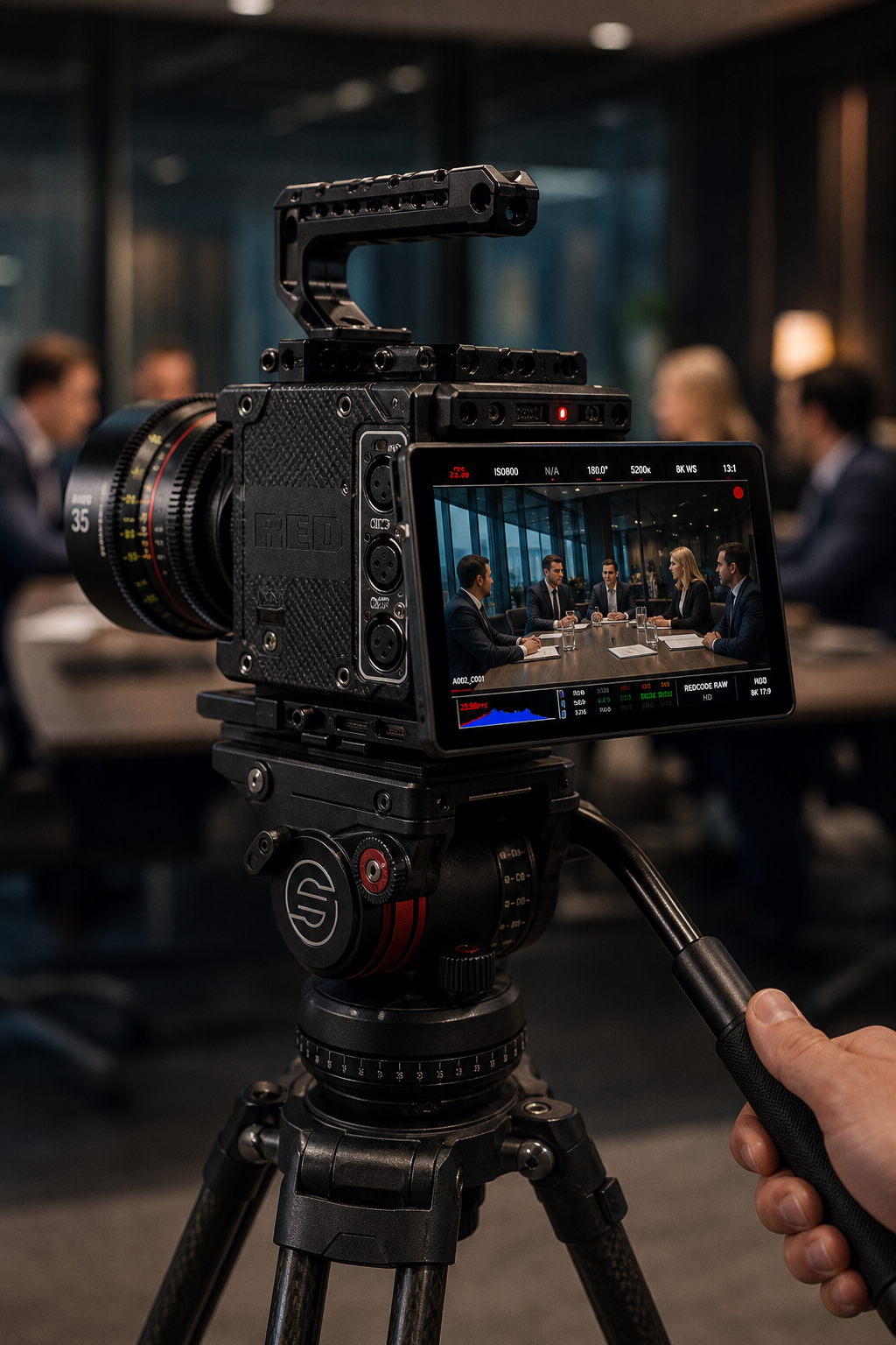 Videomaker profissional ajustando câmera em set cinematográfico